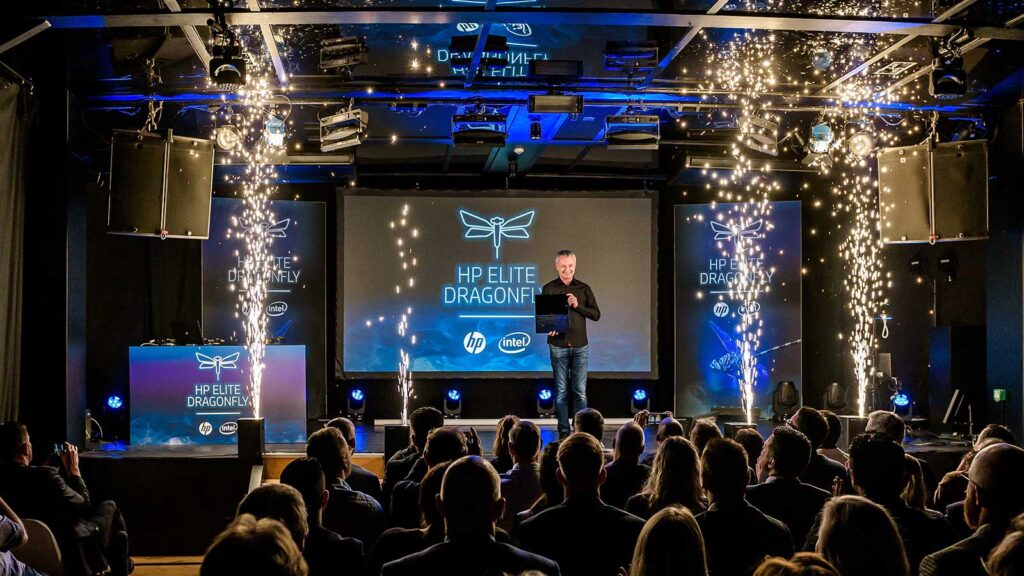 HP Elite Dragonfly product launch with fireworks